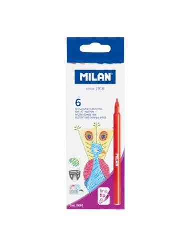 Milan Pack de 6 Feutres - Encre al Eau - Pointe Fina 2mm - 154mm - Couleurs assorties