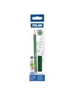 Milan Pack de 12 Lapices de Grafito Triangulares - Mina B de 2.4mm - Résistant à la Rotura - Pour Escritura et Dibujo