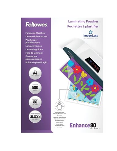 Fellowes Imagelast Pack de 500 Fundas Pour Plastificar - Format A4 - Efecto Brillo - 80 micras - Flechas Indicadoras de Direccio