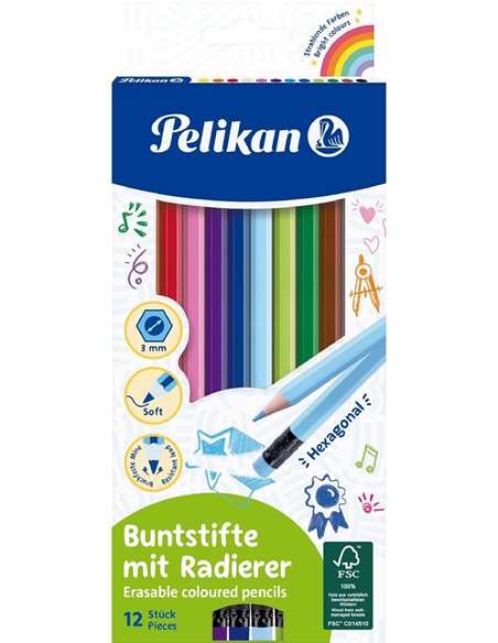 Pelikan Boîte de 12 Lapices de Couleurs Borrables Hexagonales - Avec Goma - Mina Antirotura - Certificacion FSC