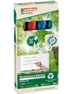 Edding 28 EcoLine Pack de 4 Feutres Pour Tableau Blanca - Pointe Ronde - Trait 1.5-3mm - 90% de Plastico Reciclado - Borrado en 