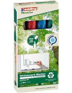Edding 29 EcoLine Pack de 4 Feutres Pour Tableau Blanca - Pointe Biselada - Trait entre 1-5mm - 90% de Plastico Reciclado - Borr