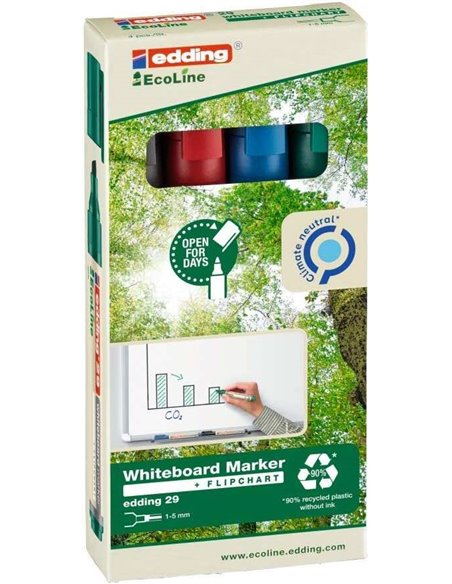 Edding 29 EcoLine Pack de 4 Feutres Pour Tableau Blanca - Pointe Biselada - Trait entre 1-5mm - 90% de Plastico Reciclado - Borr