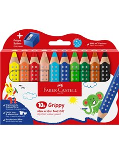 Faber-Castell Grippy Pack Avec 10 Lapices de Couleurs Gruesos Mina XXL Doux + Sacapuntas - Forma Triangular Avec Grip - Couleurs