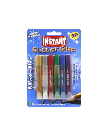 Instant Glitter Glue Metallic Pack de 6 Tubos de Pegamento Avec Purpurina 10.5ml - Pour Distintas Superficies - Sans Disolventes