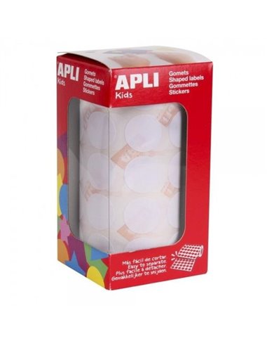 Apli Rollo de 1.770 Gomets Redondos Ø 20mm - Adhésif permanent Avec Base de Eau - Sans de Disolventes - Couleur Blanc
