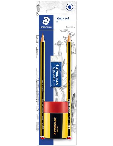 Staedtler 120 Pack de 2 Lapices de Grafito 2HB Hexagonales + 1 Sacapuntas Avec Deposito + 1 Goma de Borrar Mars Plastic - Bois d