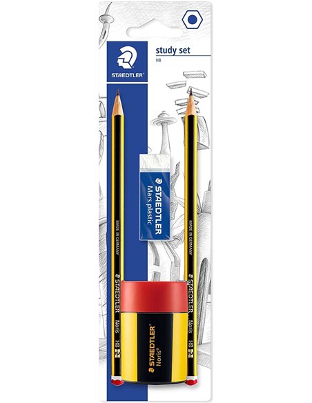 Staedtler 120 Pack de 2 Lapices de Grafito 2HB Hexagonales + 1 Sacapuntas Avec Deposito + 1 Goma de Borrar Mars Plastic - Bois d