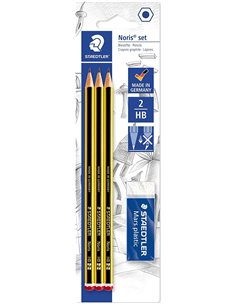 Staedtler Noris 120 Pack de 3 Lapices de Grafito Hexagonales 2HB + 1 Gomas de Borrar Mars Plastic - Bois de Bosques Sostenibles