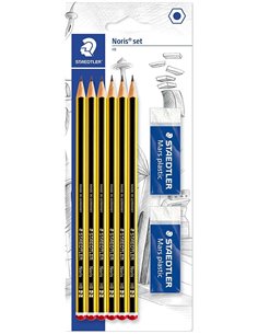 Staedtler Noris 120 Pack de 6 Lapices de Grafito Hexagonales 2HB + 2 Gomas de Borrar Mars Plastic - Bois de Bosques Sostenibles