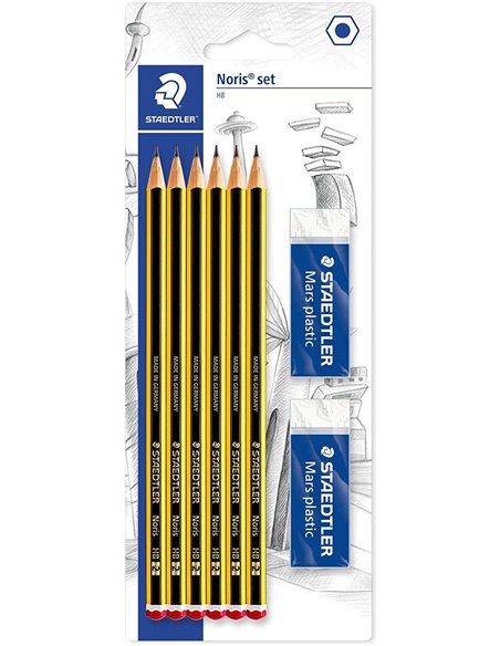 Staedtler Noris 120 Pack de 6 Lapices de Grafito Hexagonales 2HB + 2 Gomas de Borrar Mars Plastic - Bois de Bosques Sostenibles