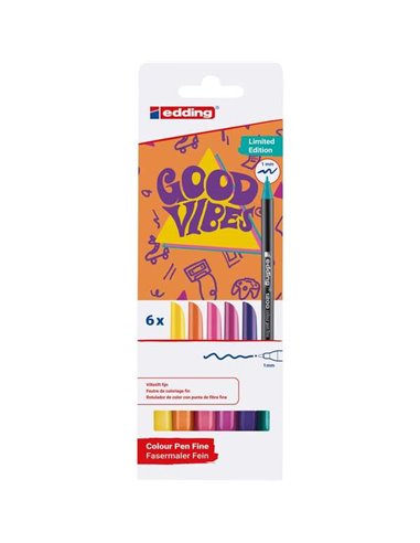 Edding 1200 Good Vibes Pack de 6 Feutres - Pointe Ronde - Trait 1mm - Encre Avec Base de Eau - Couleurs assorties