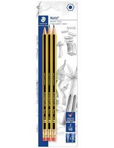 Staedtler Noris 122 Pack de 3 Lapices de Grafito Hexagonales 2HB Avec Goma - Resistencia à la Rotura - Bois de Bosques Sostenibl