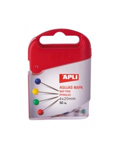 Apli Boîte de 50 Agujas de Mapa - Cabeza de Plastico - Pointe Metalica - Idéal Pour Mapas, Corcho et Manualidades - Couleurs ass