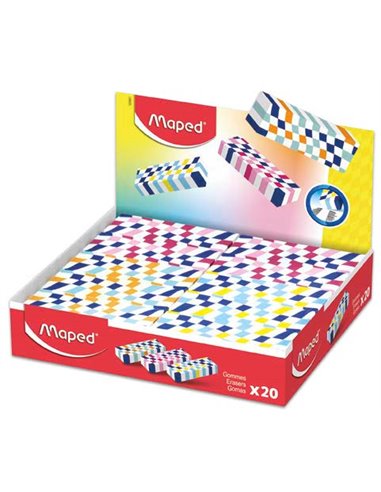 Maped Présentoir de 20 Gomas de Borrar Avec 3 Diseños Damero - Forma Rectangulaire - Sans Ftalatos - Couleurs assorties