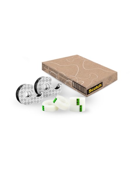Scotch Pack de 2 Dispensadores Metalicos + 4 Cintas Adhesivas Scotch Magic - Pour Rollos de Jusqu'à 19mm x 13.9m - 66% Adhésif V