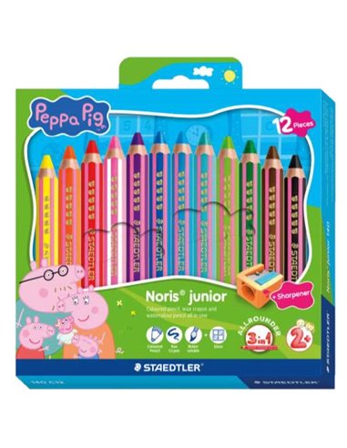 Staedtler Noris Junior Peppa Pig Pack de 12 Lapices de Couleurs Extragruesos + Sacapuntas - 3 en 1, Crayon, Cera et Acuarelable 