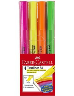 Faber-Castell Textliner 38 Pack de 4 Marcadores Fluorescentes - Corps Fino - Pointe Biselada - Trait Grueso et Fino - Encre Avec