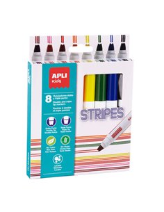 Apli Stripes Pack de 8 Feutres - Ø 14.4x137 mm - Double Ou Triple Pointe Ronde Bloqueada - Lavables, No Toxicos et de Larga Dura