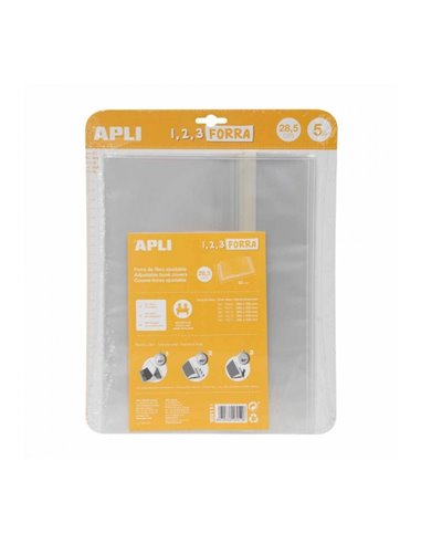 Apli Pack de 5 Forros Pour Libros 285mm de Polipropileno 75 micras - Solapa Autoajustable - Facile Forrado en 3 Pasos - Sans Nec