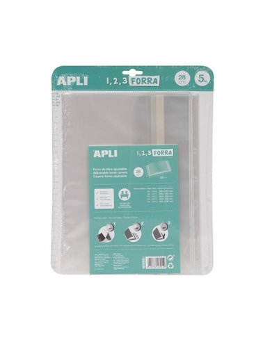 Apli Pack de 5 Forros Pour Libros 280mm de Polipropileno 75 micras - Solapa Autoajustable - Facile Forrado en 3 Pasos - Sans Nec