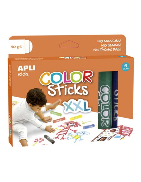 Apli Couleur Sticks xxl Temperas Solidas - Pack 6 Unidades de 40g - Taille xxl Pour Murales - Acabado Satinado Sans Necesidad de