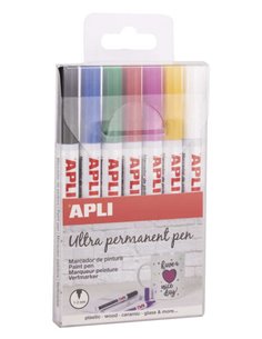 Apli Feutres Encre Permanent Pointe Fina - 1-2mm - Pack 7 Couleurs - Base Aceite - Larga Duracion - Résistant à l'eau - Supporte