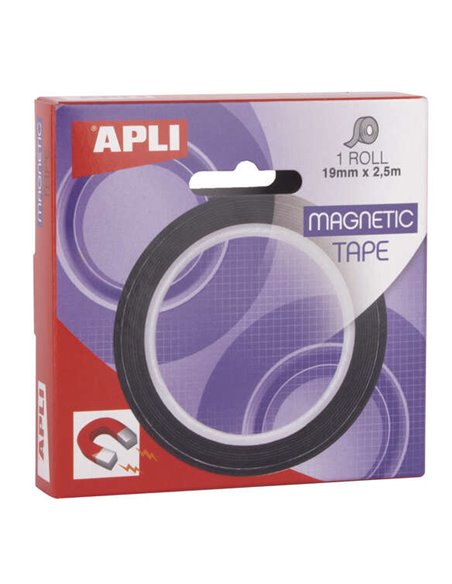 Apli Ruban Adhesiva Magnetica 19mm x 25m - Facile de Cortar - Adhesion Fuerte - Versatil et Reutilizable - Negra