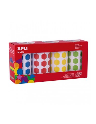 Apli Pack de 4 Rollos de Gomets Hexagonales 20mm - 1770 Gomets Par Rollo - Adhésif permanent - 7080 Gomets en Total - Ideales Po