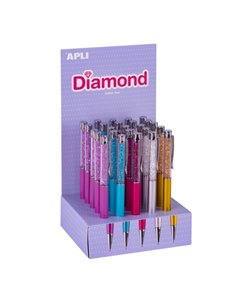 Apli Diamond Présentoir Avec 25 Boligrafos Metalicos Retractiles - Mecanismo de Giro - Pointe de 1mm - Encre Couleur Bleu - Coul
