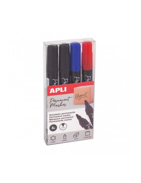 Apli Pack de 4 Feutres Permanentes Pointe Ronde - Résistants al Eau - Multifuncionales - Pour Metal, Plastico, Bois et Carton - 