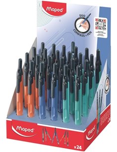 Maped Duo+Pen Présentoir Avec 24 Compases Duo - Compas que se puede Utilizar como Portaminas - Clip de Poche - Couleurs assortie