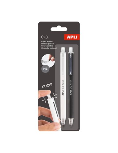 Apli Infinite Pencil Pack Avec 2 Lapices Infinitos Retractiles HB - Couleurs Blanc et Noir