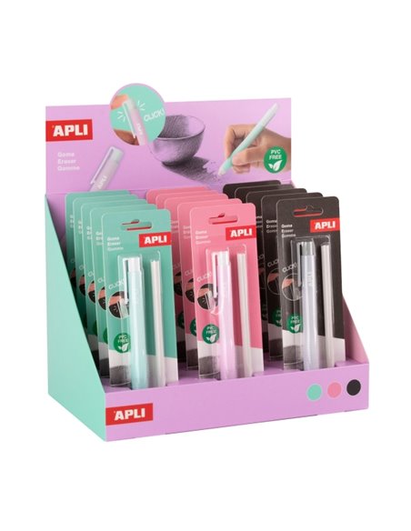 Apli Présentoir Avec 15 Packs de Portagoma Avec Goma + Recambio - Sans PVC - 3 Couleurs assorties
