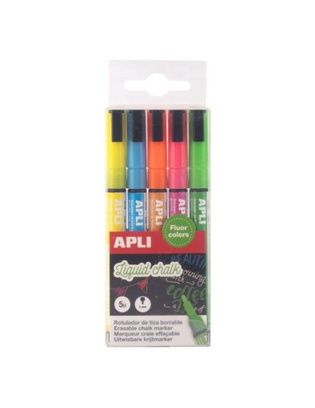 Apli Pack de 5 Feutres de Tiza Liquida - Pointe Ronde 3mm - Séchage rapide - Couleurs Fluor Assortis