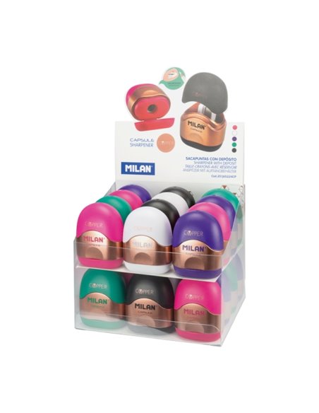 Milan Capsule Copper Présentoir Avec 16 Afilaborras - Deposito Intégré - Cuchilla de Acier de Sécurité - Couleurs assorties