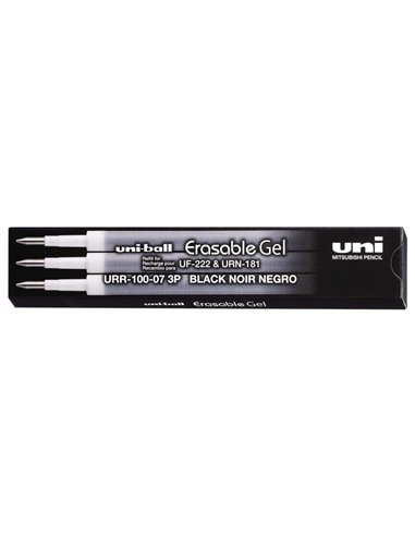 Uni-ball UF-220 Pack de 3 Recambios de Gel Borrable URR-100-07 - Pointe 0.7mm - Couleur Noir