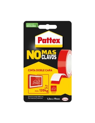 Pattex No mas Clavos Ruban Double face 19mm x 1.5m - Fijacion Rapida et Limpia - Pour Objetos Lisos en Intérieur et Extérieur - 