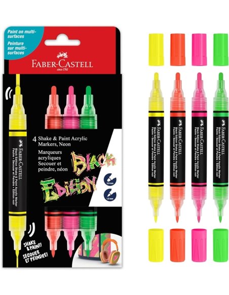Faber-Castell Shake & Paint Black Edition Pack de 4 Feutres Acrilicos Double Pointe - Puntas Redondas de 1mm et 3mm - Encre Acri