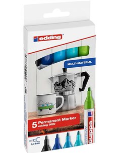 Edding 3000 Pack de 5 Feutres Permanentes Couleurs Frios - Pointe Ronde de 1.5mm - Trait entre 1.5 et 3mm - Rechargeable - Sécha