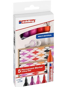 Edding 3000 Pack de 5 Feutres Permanentes Couleurs Calidos - Pointe Ronde de 1.5mm - Trait entre 1.5 et 3mm - Rechargeable - Séc