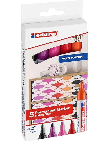 Edding 3000 Pack de 5 Feutres Permanentes Couleurs Calidos - Pointe Ronde de 1.5mm - Trait entre 1.5 et 3mm - Rechargeable - Séc