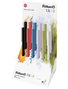 Pelikan Ineo Présentoir Avec 12 Boligrafos Retractiles - Trait de 1mm - Mecanismo de Giro - Recambio 337M Bleu - Aluminium Anodi