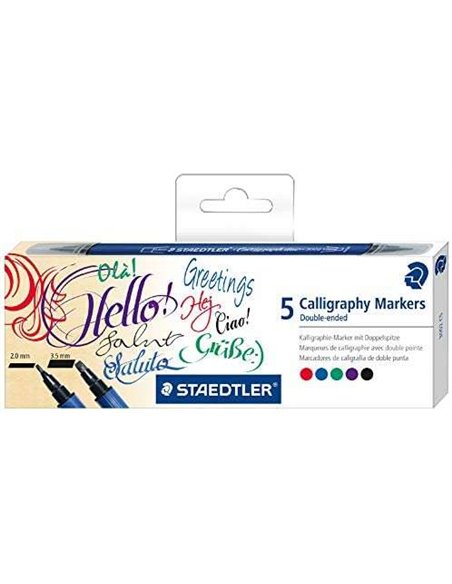 Staedtler 3002 Pack de 5 Feutres de Double Pointe Pour Caligrafia - Encre Base de Eau - Couleurs assorties