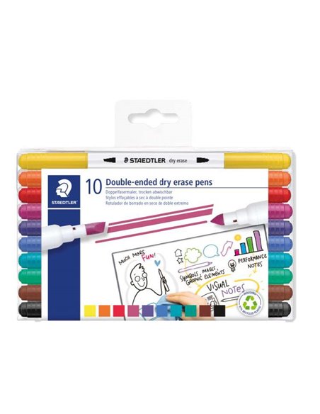 Staedtler Lumocolor 3010 Pack de 10 Marcadores Pour Tableau Blanca - Double Pointe Biselada et Conica - Encre Base de Eau - Coul