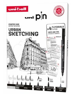 Uni-ball Uni Pin Urban Sketching Pack de 8 Feutres Calibrados 0.1, 0.3, 0.5, Brush et CS3 + 1 Portaminas Shalaku S + 4 Tutoriale