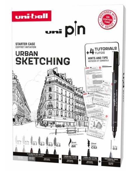 Uni-ball Uni Pin Urban Sketching Pack de 8 Feutres Calibrados 0.1, 0.3, 0.5, Brush et CS3 + 1 Portaminas Shalaku S + 4 Tutoriale