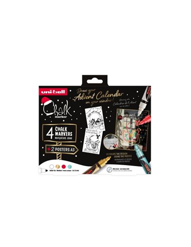 Uni-ball Chalk Couleurs Navidad Pack de 4 Marcadores de Tiza Liquida + Posters - Pointe Conica 1.8-2.5mm - Borrado en Humedo - R