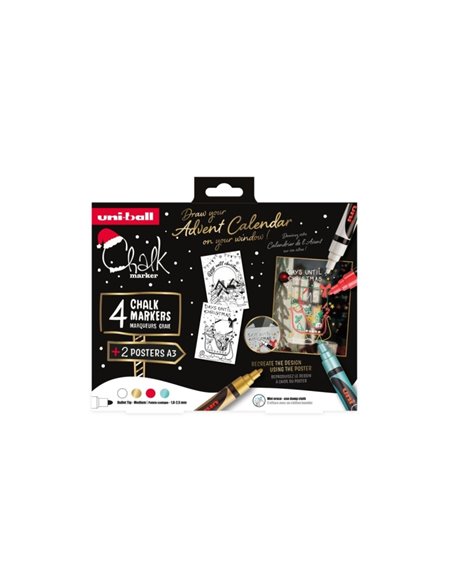 Uni-ball Chalk Couleurs Navidad Pack de 4 Marcadores de Tiza Liquida + Posters - Pointe Conica 1.8-2.5mm - Borrado en Humedo - R