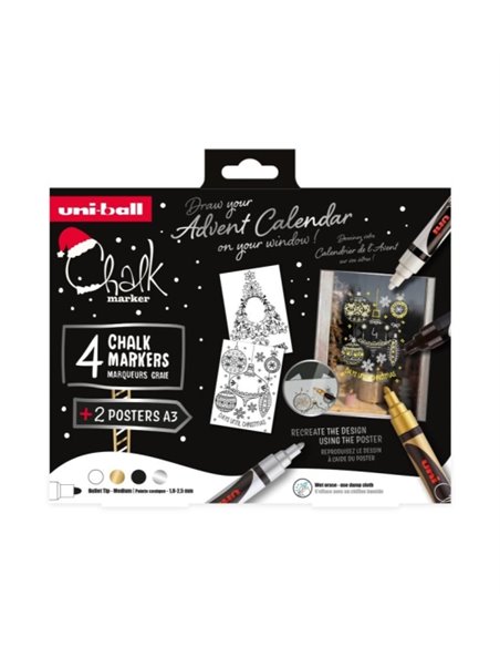 Uni-ball Chalk Couleurs Escandinavos Pack de 4 Marcadores de Tiza Liquida + Posters - Pointe Conica 1.8-2.5mm - Borrado en Humed